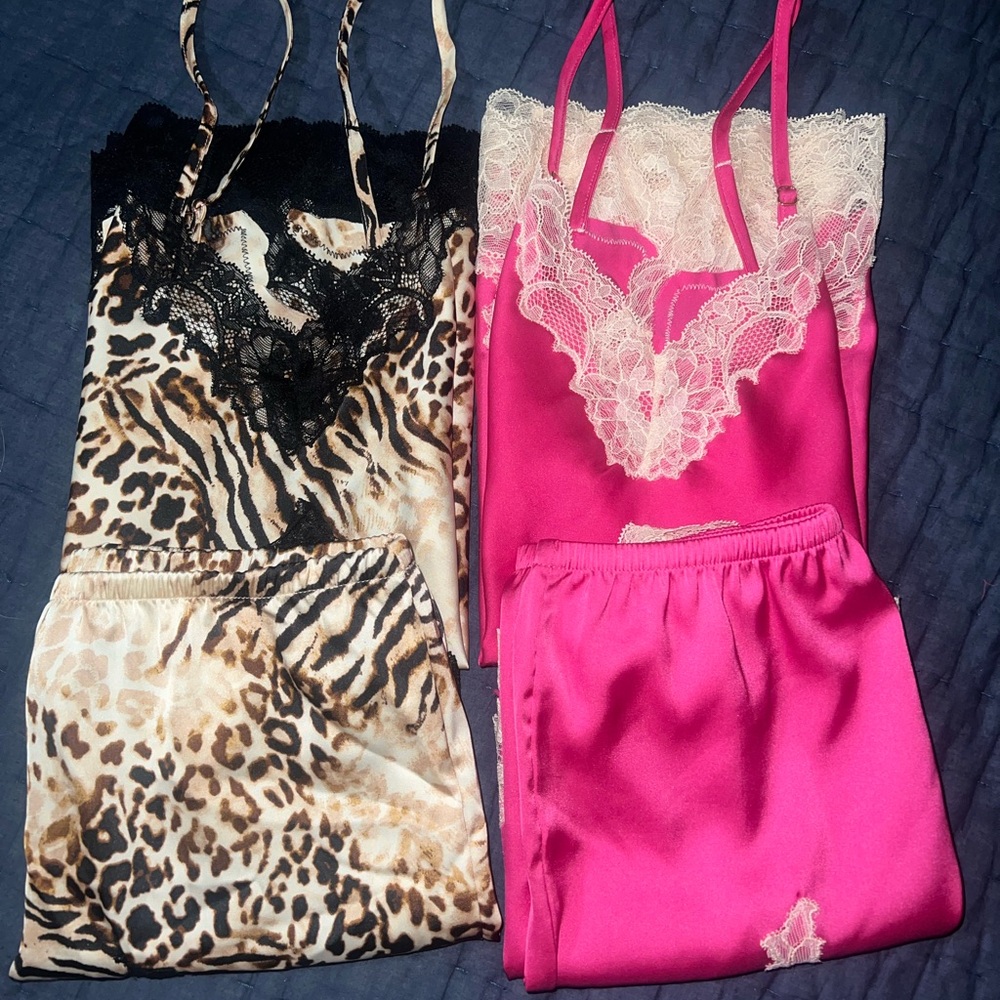 INC Satin Cami & Shorts Pajama Set Bundle - Hot Pink & Leopard - Size M EUC!